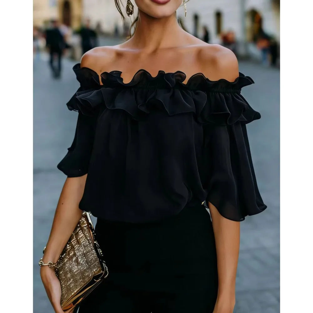 Fashion Ruffled Sexy One Shoulder Women's Short Sleeve Shirt Summer New Casual Loose Tops Female Elegant Versatile Office Shirt