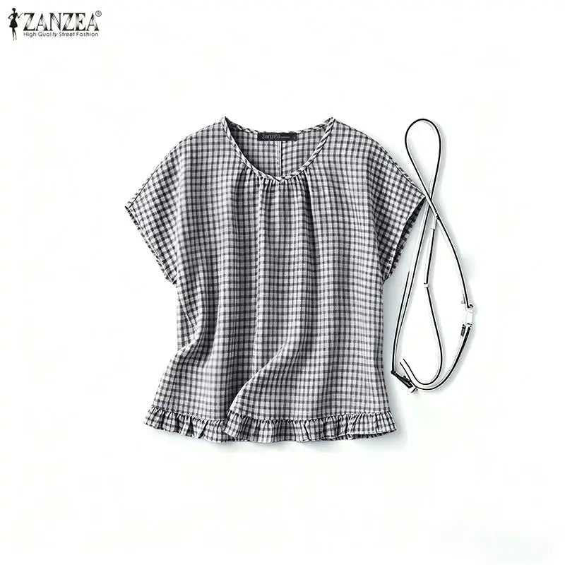 Women Summer Plaid Checked Blouse ZANZEA 2026 Fashion O Neck Short Sleeve Tops Casual Loose Holiday Shirt Elegant Work Blusas