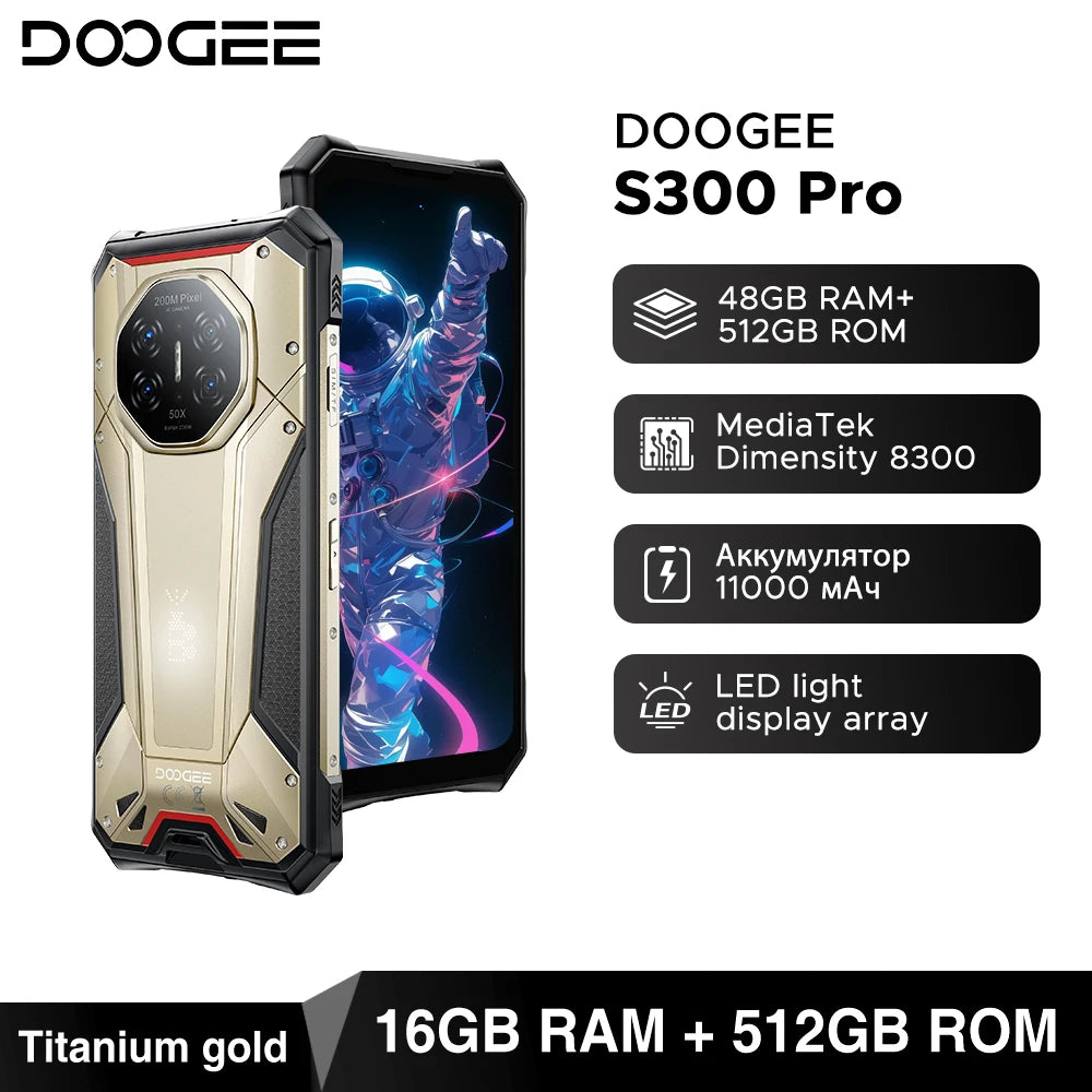 World Premiere DOOGEE S300 Pro Rugged Phone 48GB+512GB Dimensity 8300 6.78" FHD+ 11000mAh Battery 66W 200MP Camera Android 16