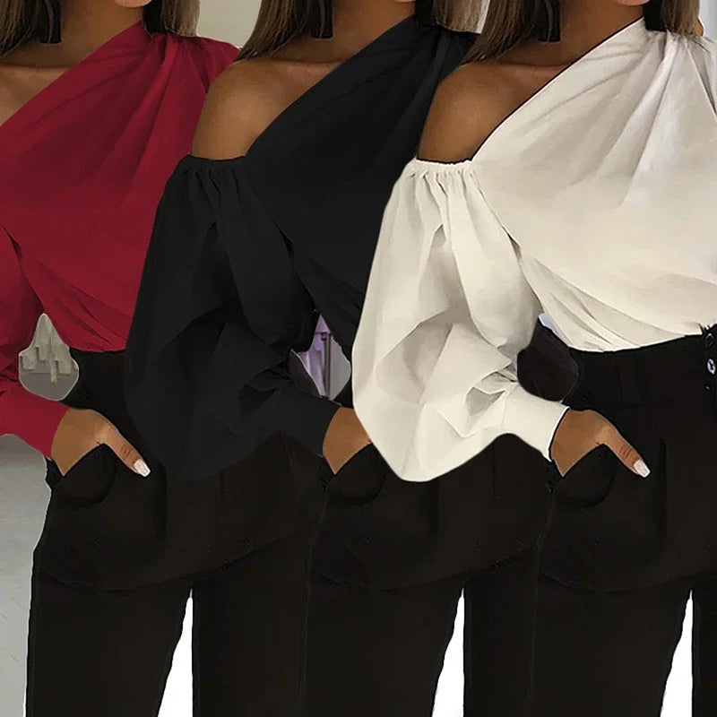 Sexy Off Shoulder Women Shirts Summer Lantern Sleeve Blouse Casual Loose Solid Tops Lady Elegant Blusas Femme Streetwear Shirt Secondary image