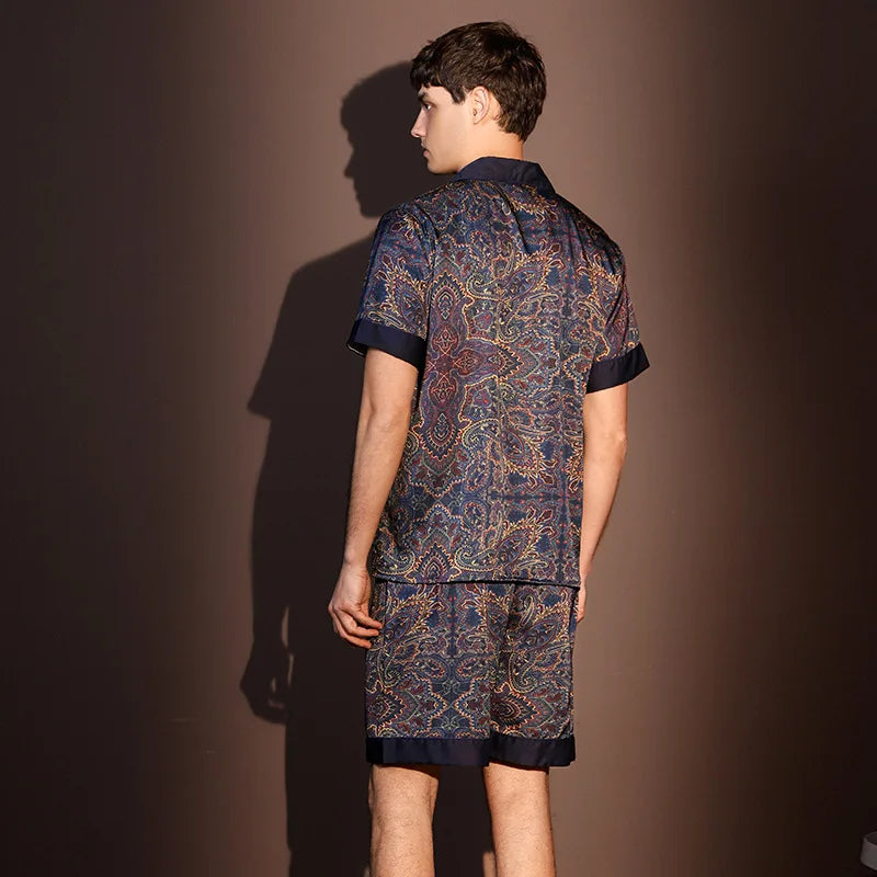 High Quality Pajamas Suit Men Summer Short Sleeve Shorts Ice Silk Sleepwear Male Summer Large Size Simple Casual Loungewear Set