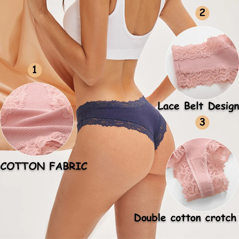 FINETOO 3Pcs Women Cotton Underwear Panties Sexy Lace Brazilian Briefs Low Waist Floral Solid Color G-string Breathable Lingerie