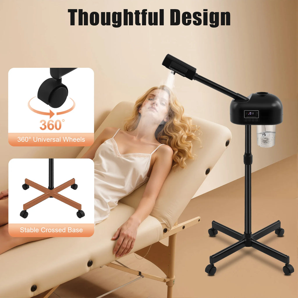 Black Professional Face Steamer Nano-Ion Ozone Hot Mist with LCD Screen Adjustable Height for Salon Home Spa Aging Reduction