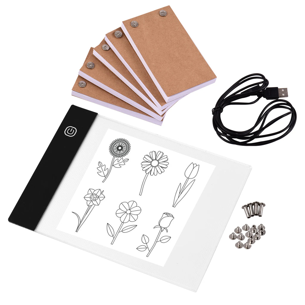 Portable Flip Book Kit with Light Pad Tablet LED Light Box 3 Level Brightness Control 300 Sheets Flipbook Paper w/ Binding Screw