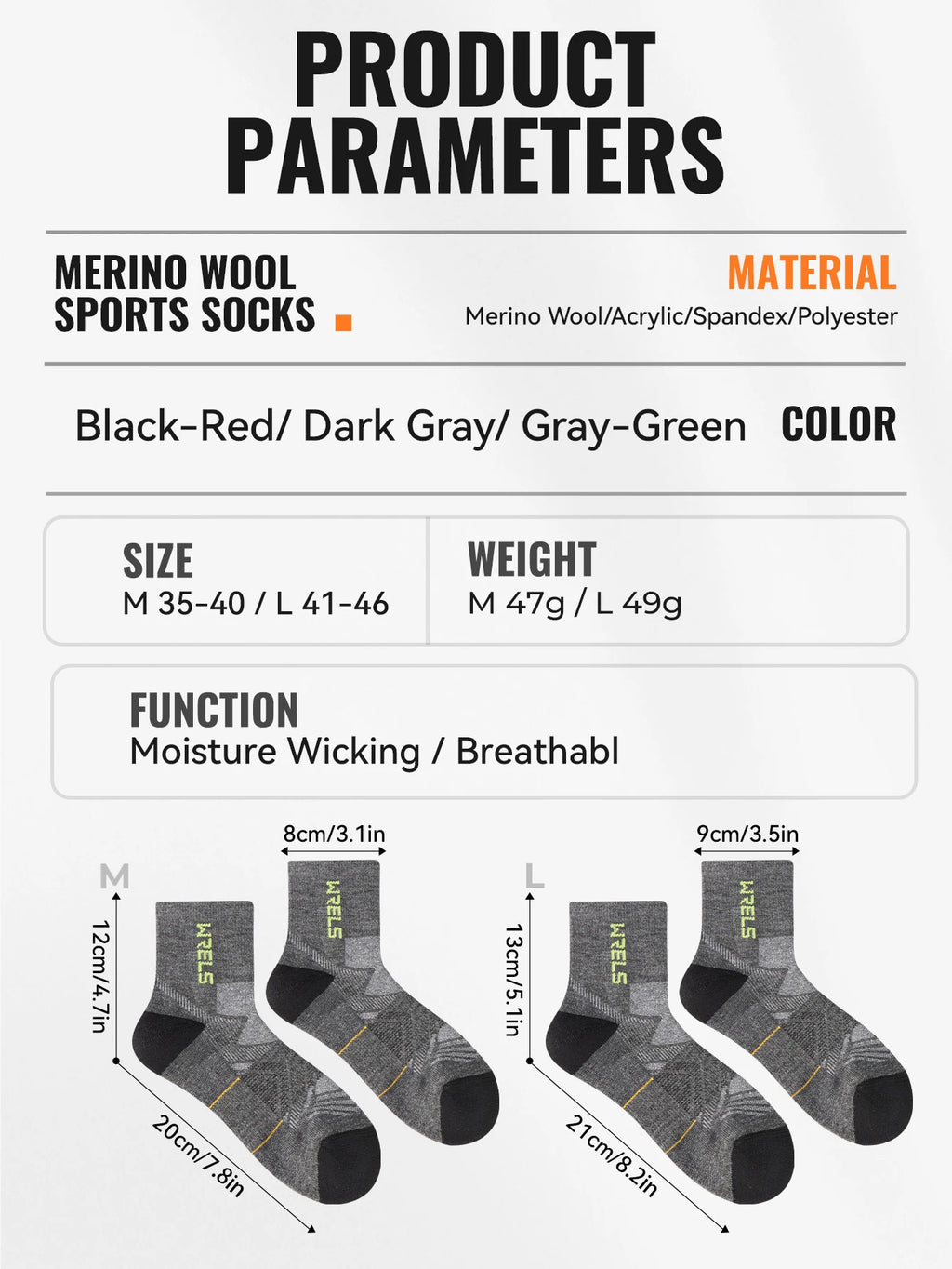 WRELS 1/2/3Pairs Merino Wool Socks Hiking Running Socks Breathable Cushion Sweat Wicking Warm Thermal Compression Wool Socks