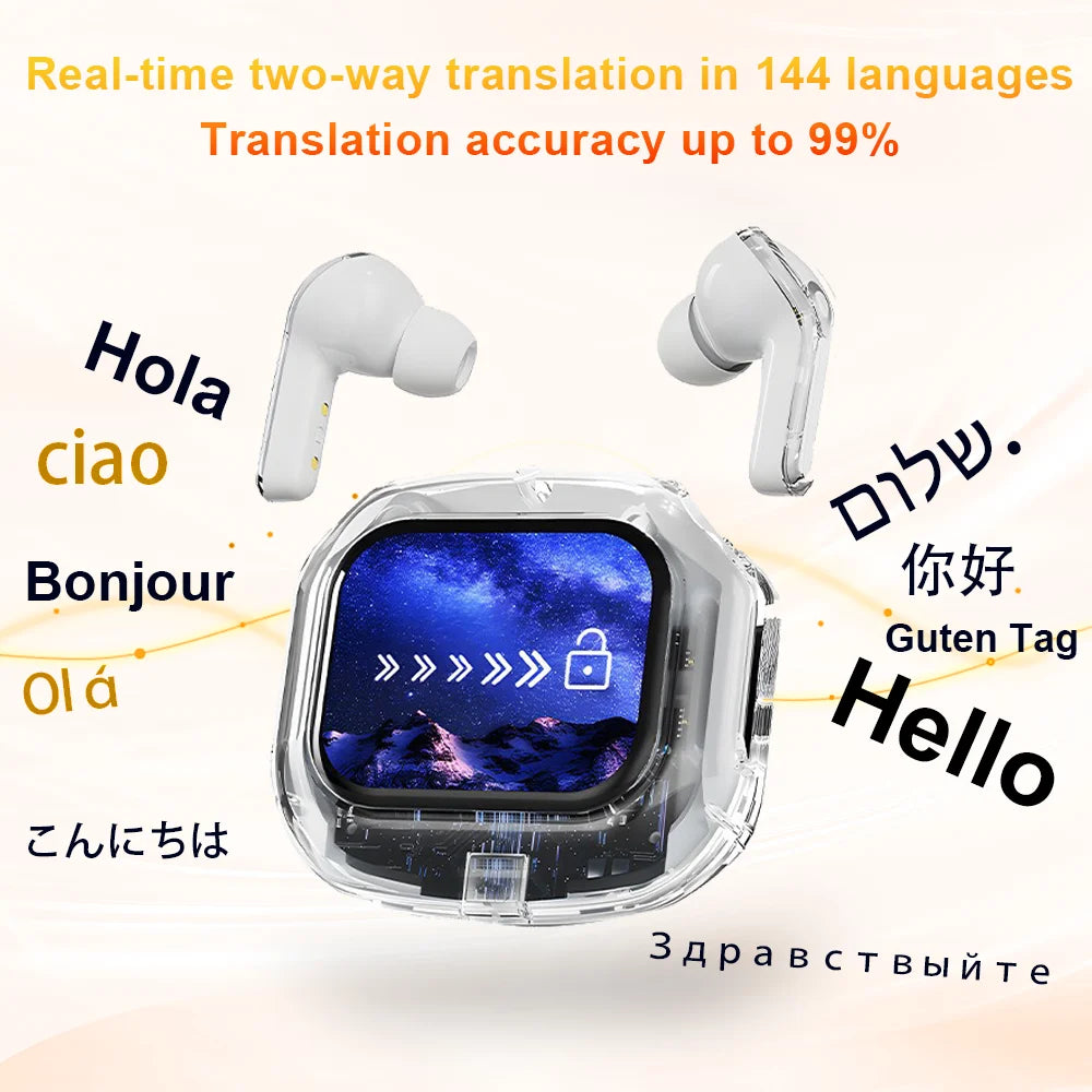 Translation Headphones with Touch Screen Wireless Bluetooth 5.4 Smart  Earphone HiFi Audio High Quality Transparent Case Headset