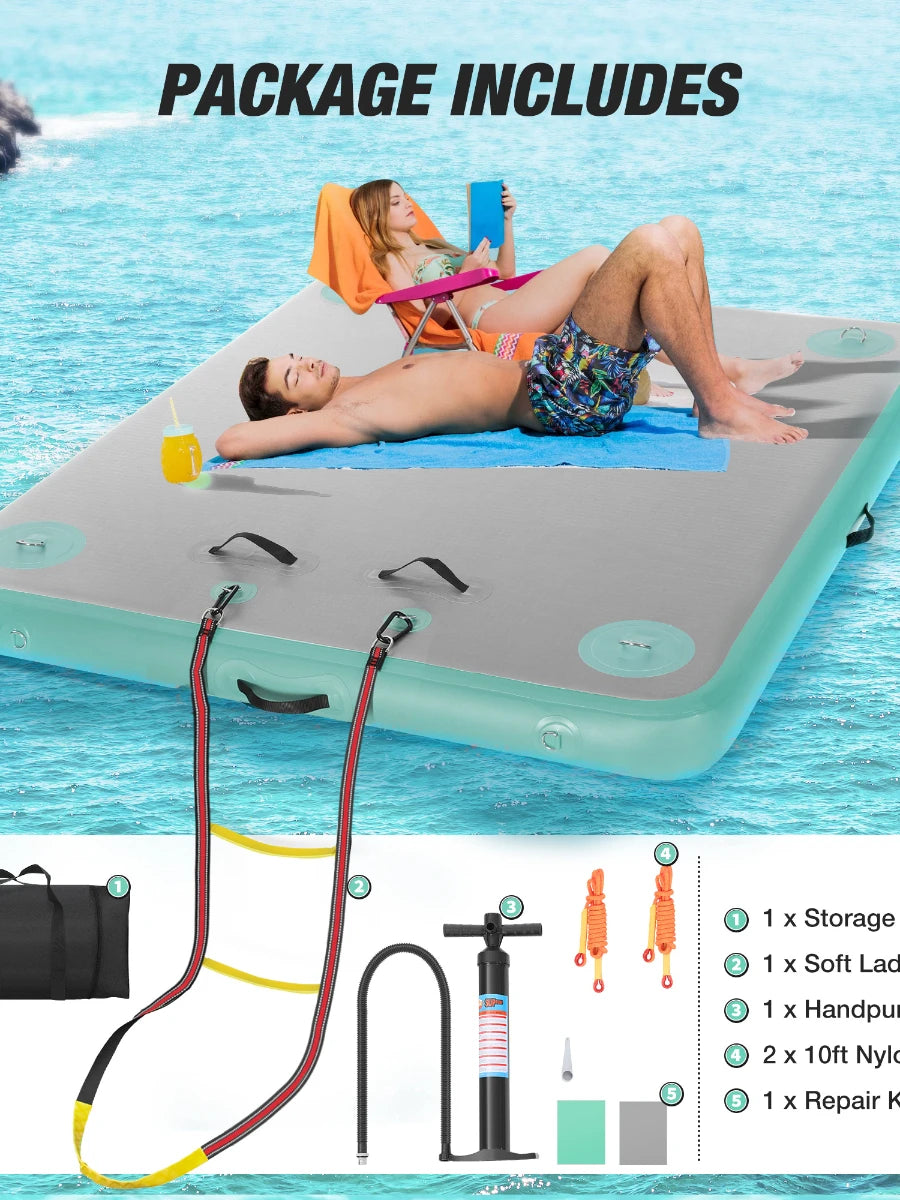 Inflatable Float Air Mattress Ladder+Rope+Pump Water Sports Gear Floating Mat Dock Platform for Lake/Island/Swimming Pool
