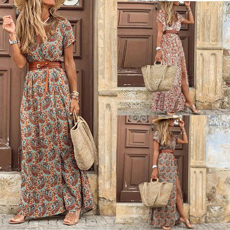 2024 Summer Bohemian Women's Long Dress V Neck Short Sleeve Floral Printed Beach Elegant Vintage Dress with Belt