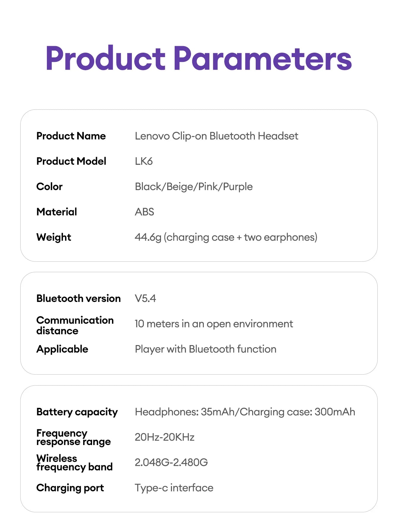 Lenovo LK6 Over Ear Wireless Bluetooth 5.4 Headphones Sound Quality Noise Reduction Ear Clip Earphones Long Endurance Earsets