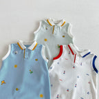 2026 New Summer 0-2Y Baby Clothes Cartoon Print Sleeveless Polo Romper Breathable Mesh Fabric with Placket Snap Closure