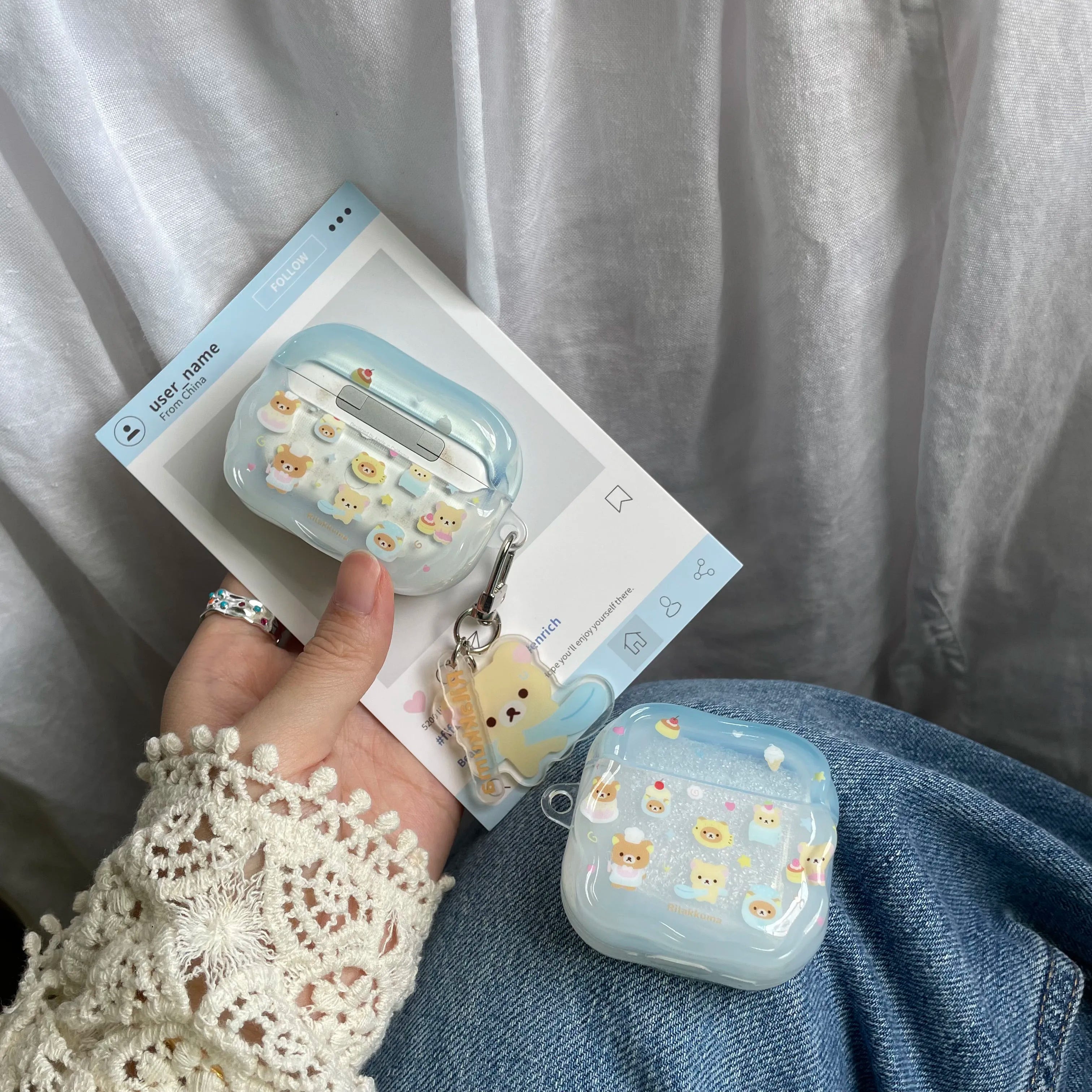 Cartoon Cake Bear Blue Wave Case for AirPods 2 3 4 ANC Cover with Keyring for Apple AirPod Pro 3 2025 Earphone Protective Cases
