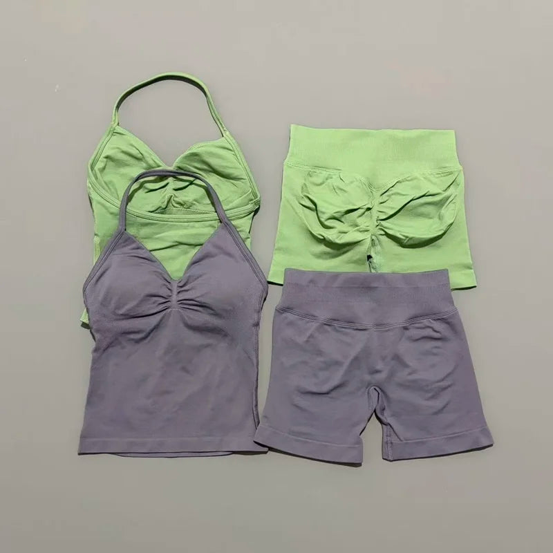 2 Pieces Sports Set Women Backless Halter Tops Fitness Tank Top High Waist Seamless High Stretch Shorts Gym Workout Sets