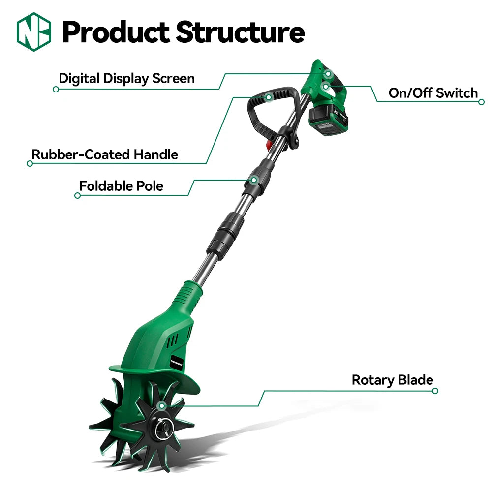 NewBeny Electric Garden Tiller Cultivator Scarifier Foldable Rototiller Soil Loosener Garden Tool