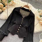 White Casual Polo-Neck Pullover Buttons Puff Sleeve Straight Women's Blouse Short Shirt Female Clothing Tops 2024 Fashion