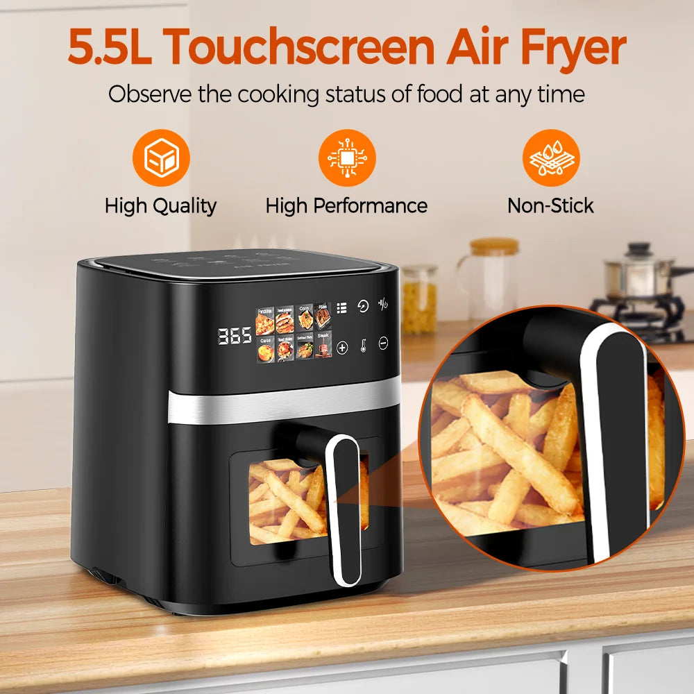 Patbrela 5.5L Air Fryer 8-in-1 Max 200°C Electric Hot fryer Oven Oilless Cooker with Touch Control & Nonstick Basket & Visible Window