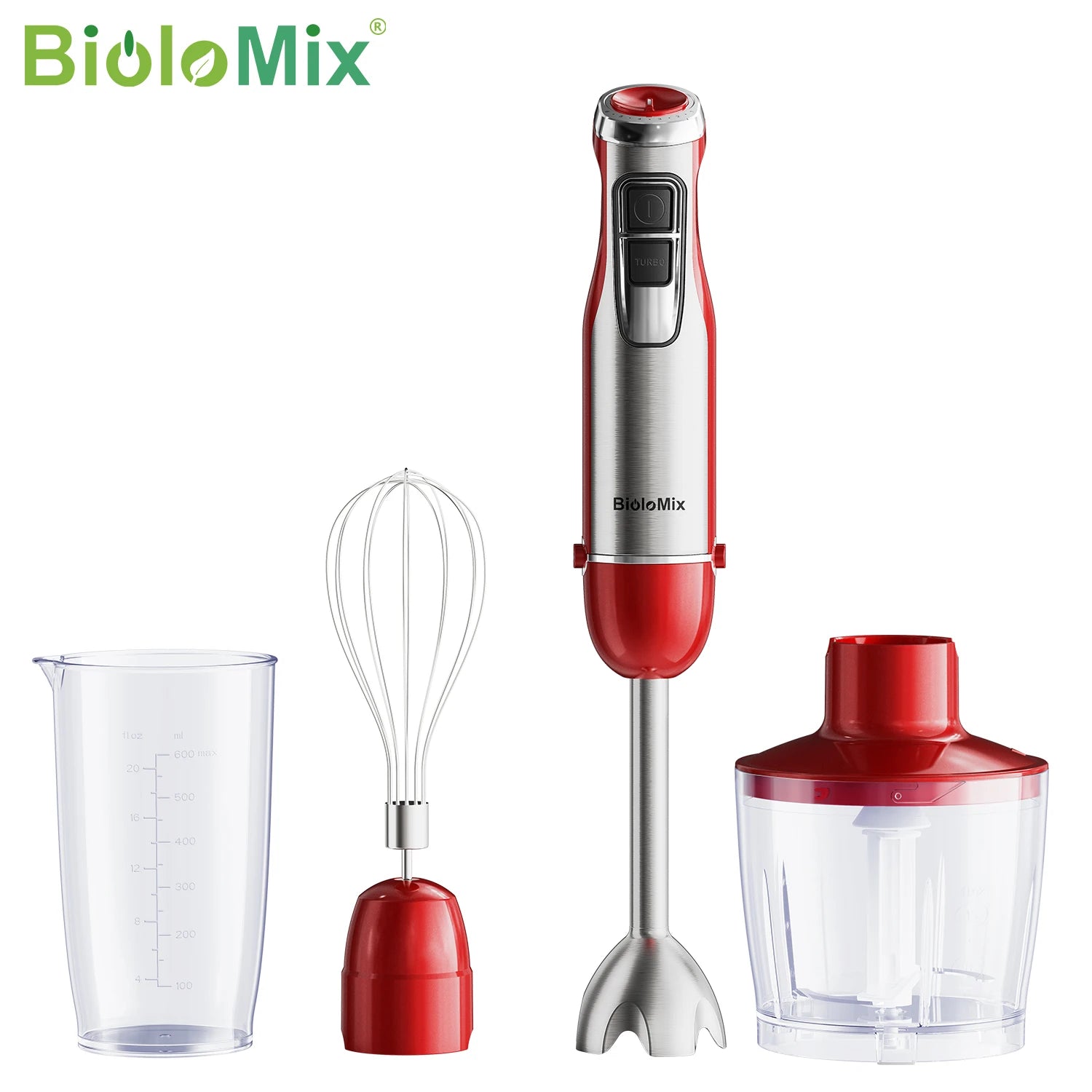 BioloMix 4-in-1 Hand Stick Blender, 1200W Stainless Steel - Immersion Mixer with Chopper Smoothie Cup Ice Blades for Baby Food Main image