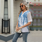 Summer Shirts Women Lace Patchwork Short Sleeve Blouse Flower Print Clothing Fashion Street Casual Daily V-Neck Button Tops 2025
