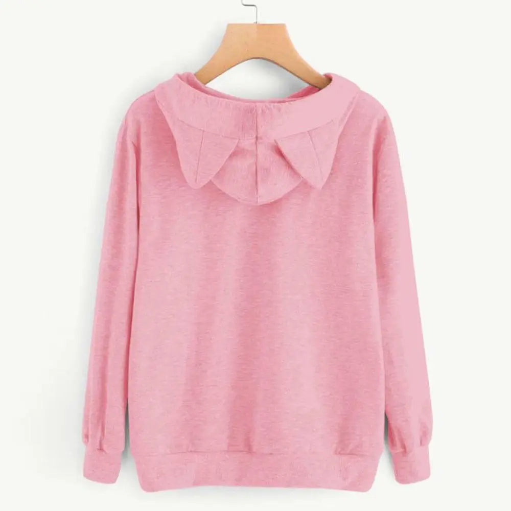 Long Sleeve Hoodies Sweatshirt For Women Cute Cat Print and Ear Kangaroo Pocket Drawstring Hooded Jogger Pullover Tops