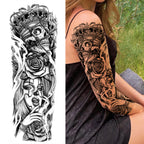 1 Sheet Full Arm Compass Zeus Skull Tiger Lion Flower Temporary Tattoos Sleeve For Men Women Adults Fake Temp Sticker Tattoo