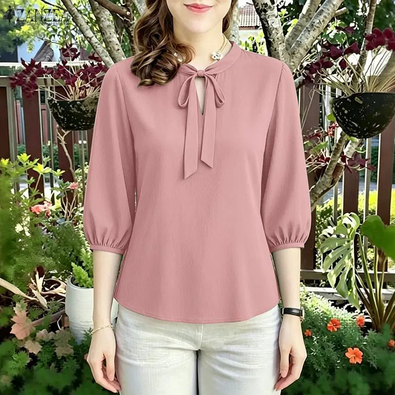 Summer Solid Color Blouse 2026 ZANZEA Women Tops Trend Casual O Neck Short Sleeve Blusas Female Elegant OL Work Shirt Mujer
