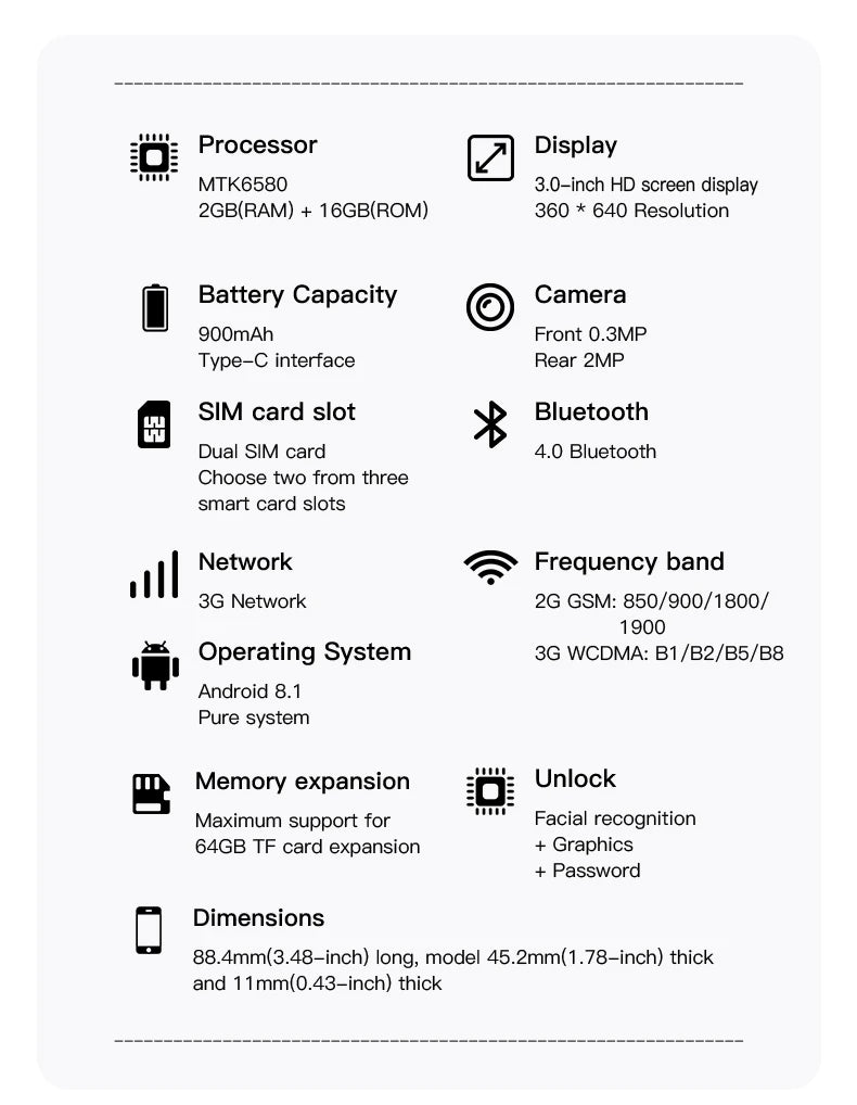 SERVO 18SE MINI Android Smartphone 3G WCDMA Dual SIM Card 2GB+16GB Play Store Face Unlock GPS WiFi Hotspot 3.0" Small Cellphone