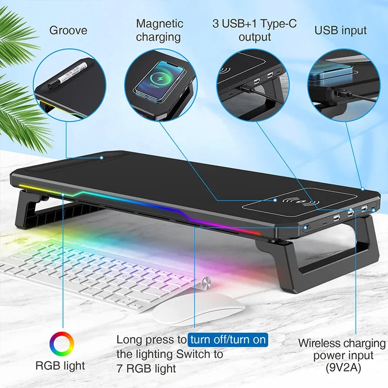 RGB Light Effect Rechargeable Desktop Monitor Height Stand 3 USB 2.0 Port Universal Laptop Storage Rack With Wireless Charging