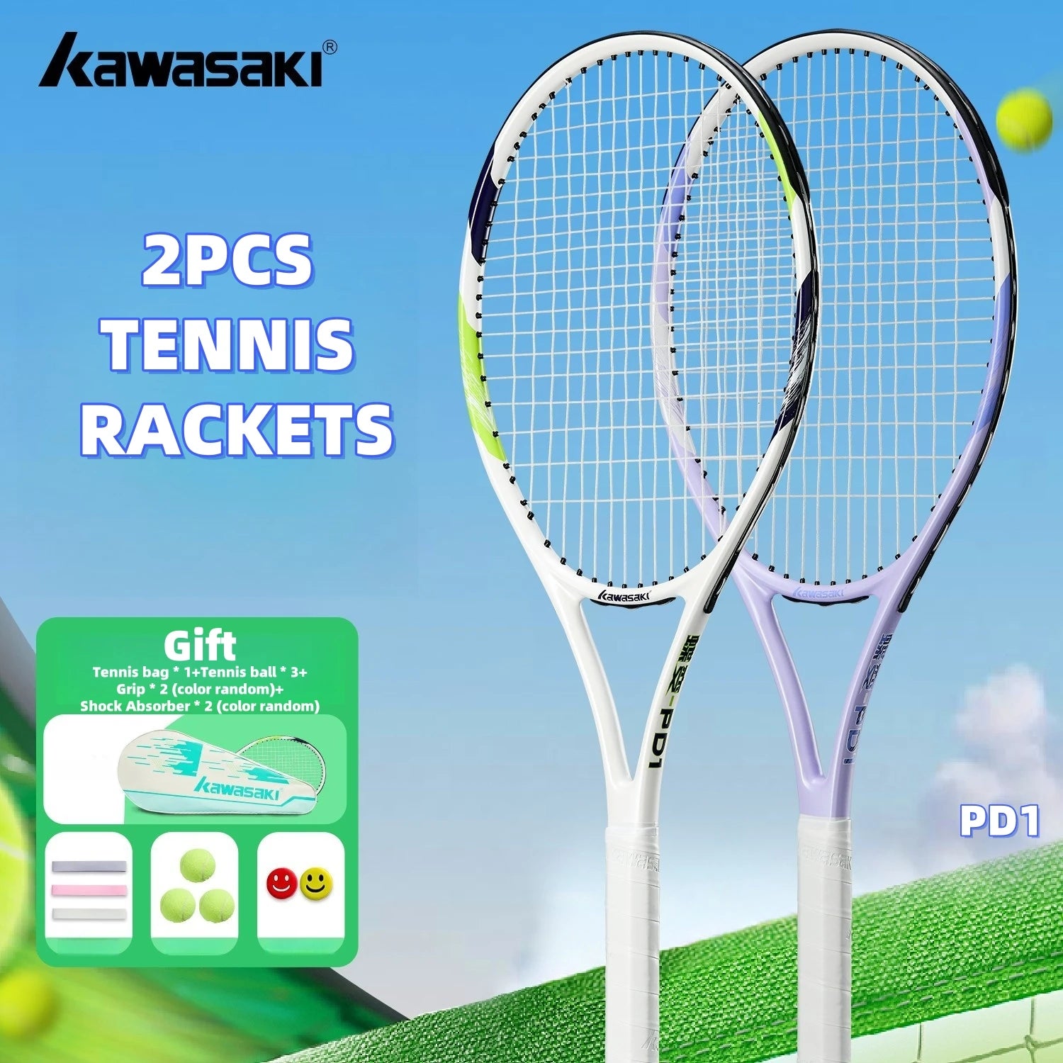 Kawasaki Light Tennis Rackets Set Carbon Composite Racquet Set KD1&PD1 Beginner Professional Shooting Men and Women Training Set