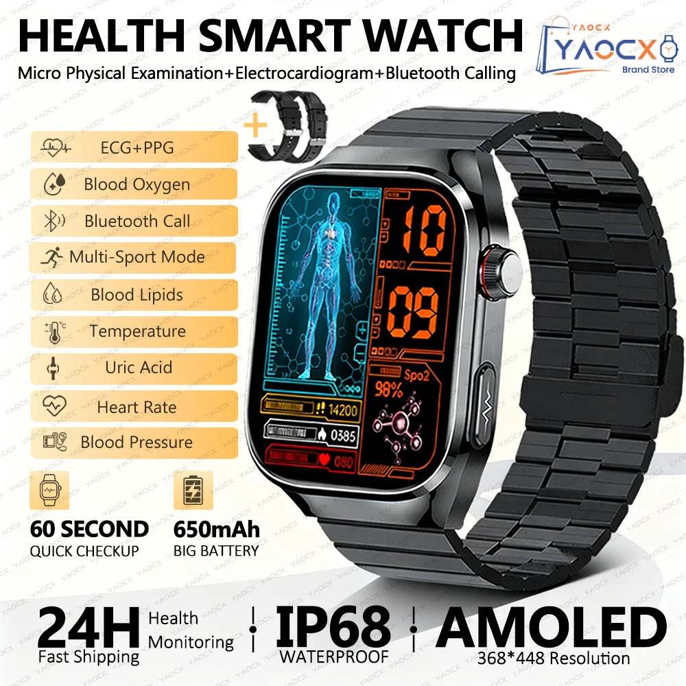 2026 New Nursing Grade Uric acid Blood lipids Smart Watch Men ECG+PPG Blood Pressure Heart Rate Bluetooth Call Health Smartwatch
