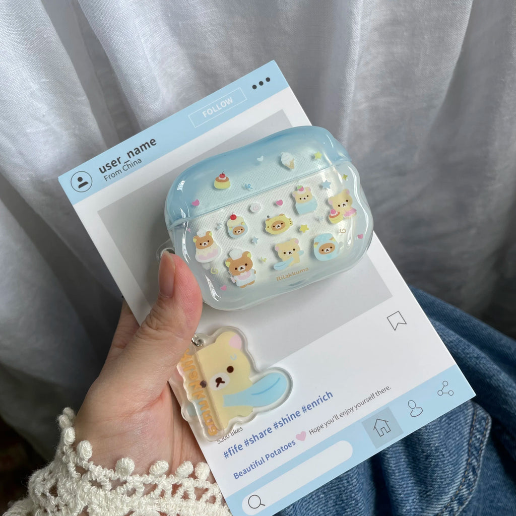 Cartoon Cake Bear Blue Wave Case for AirPods 2 3 4 ANC Cover with Keyring for Apple AirPod Pro 3 2025 Earphone Protective Cases