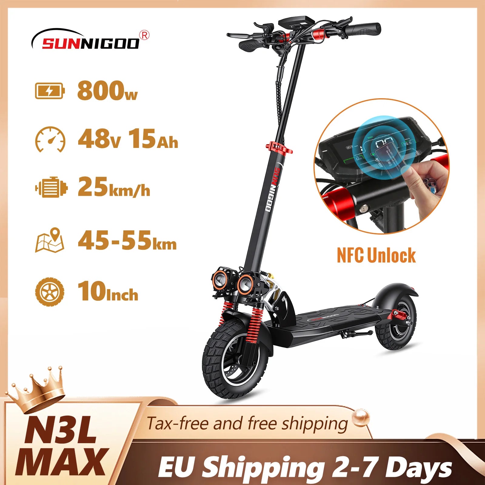 SUNNIGOO 800W Electric Scooter for Adults - 25km/h High Speed 45-55km Long Range 10" Off-Road Tires Folding Commuter E-Scooter Main image