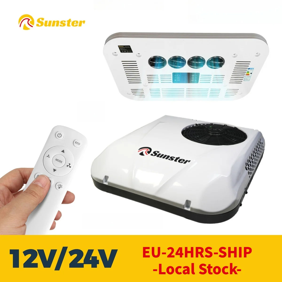 Sunster 12V/24V Fast Cooling Roof Air Conditioner Electric Cool RV Rooftop Parking for Truck Camper Van Caravans Motor home