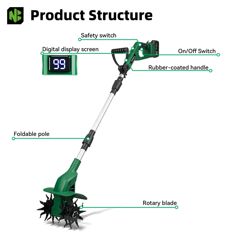 NewBeny Electric Garden Tiller Cultivator Scarifier Foldable Rototiller Soil Loosener Garden Tool