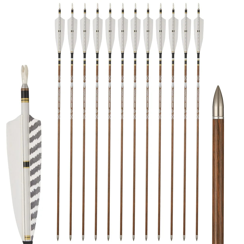6/12/24pcs 32Inch Archery 100%Pure Carbon Arrows ID 6.2mm Wooden Shaft with 5'' Natural Feathers for Hunting Shooting