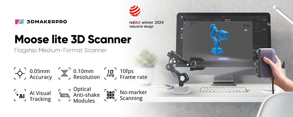 3DMakerpro Moose Lite 3D Scanner, NIR Light Source, 24-bit Color Camera, Al Visual Tracking,0.05mm Accuracy, 0.10mm Resolution