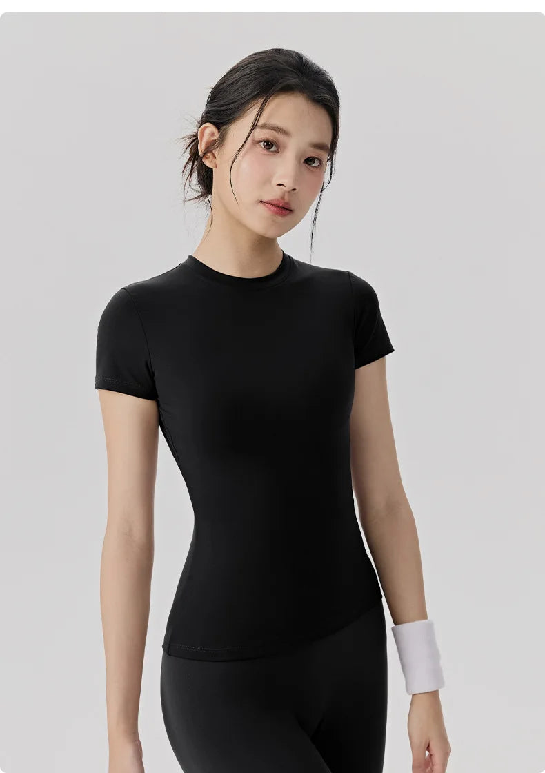 Spring and Summer Yoga Wear Short-sleeved Nude Tight-fitting Fitness Wear for Women Outdoor Running Training Sports T-shirt