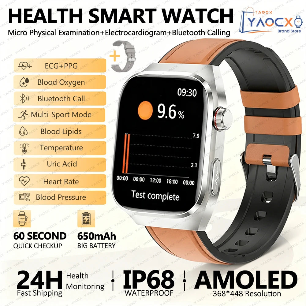 2026 New Nursing Grade Uric acid Blood lipids Smart Watch Men ECG+PPG Blood Pressure Heart Rate Bluetooth Call Health Smartwatch