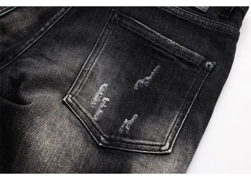 Street Fashion Men's Tight Black Grey Jeans Retro Elastic Slimming Split Style Jeans Men's Retro Designer Brand Jeans Hombre