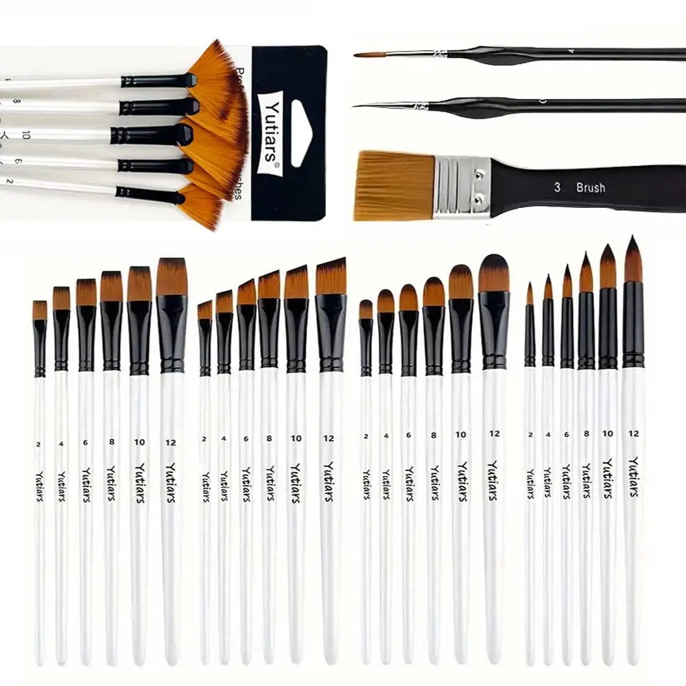 32pcs White Artist Brush Set - Round, Angle, Flat, Fan & Detail Brushes. Multi-functional for Acrylic, Oil, Watercolor, Gouache Main image