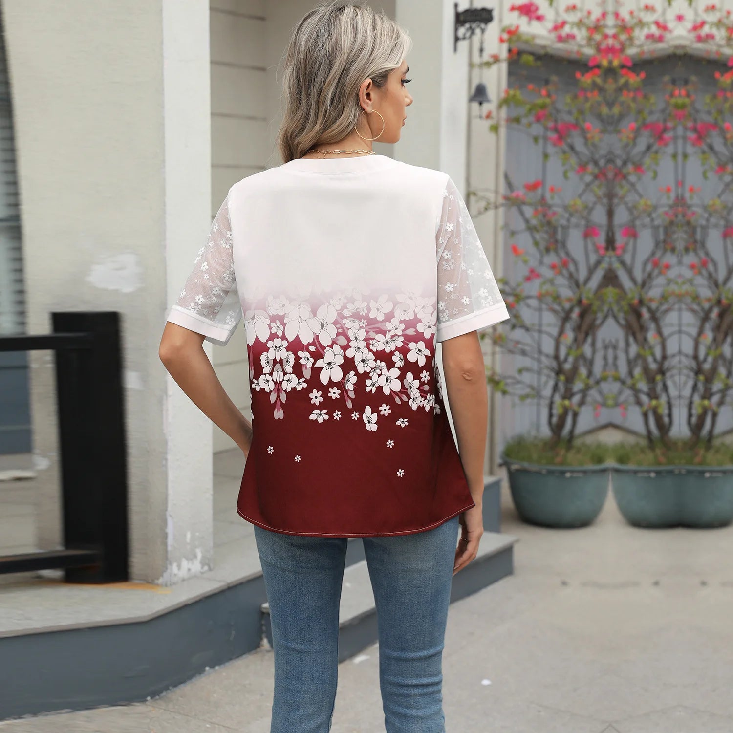 Summer Shirts Women Lace Patchwork Short Sleeve Blouse Flower Print Clothing Fashion Street Casual Daily V-Neck Button Tops 2025