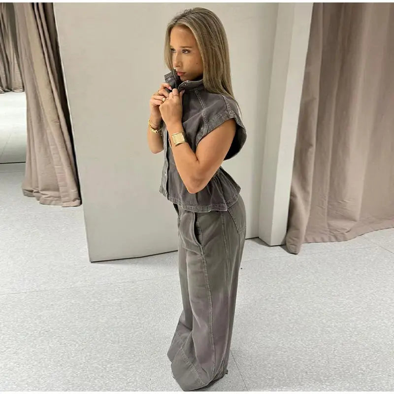 Denim Vest Loose Long Pants Woman Set High Neck Single Breasted Waist Cinched Tops High Waist Trousers Chic Casual Lady New Sets