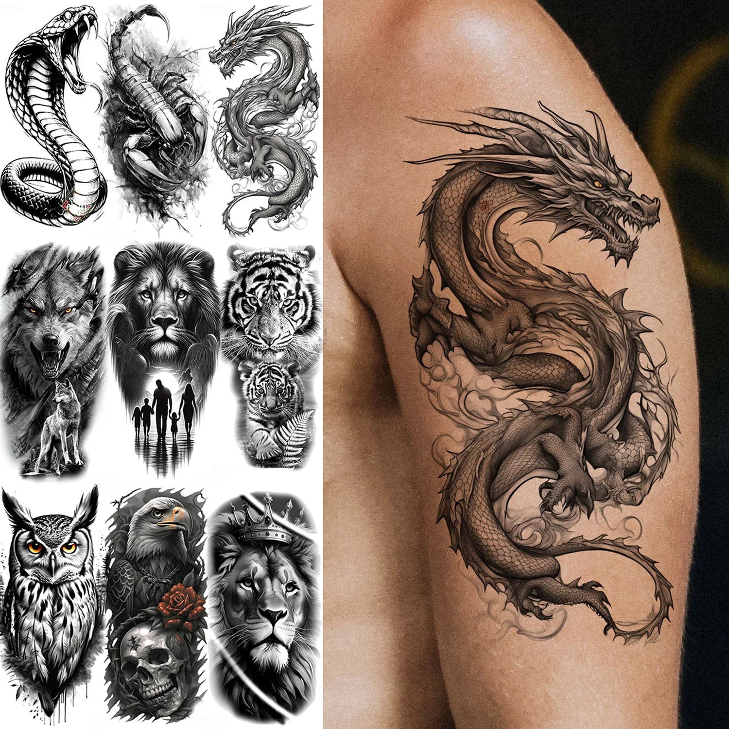1 Sheet Cobra Snake Dragon Scorpion Temporary Tattoos For Men Women Waterproof Long Lasting Lion Tiger Wolf Fake Tattoo Stickers Main image