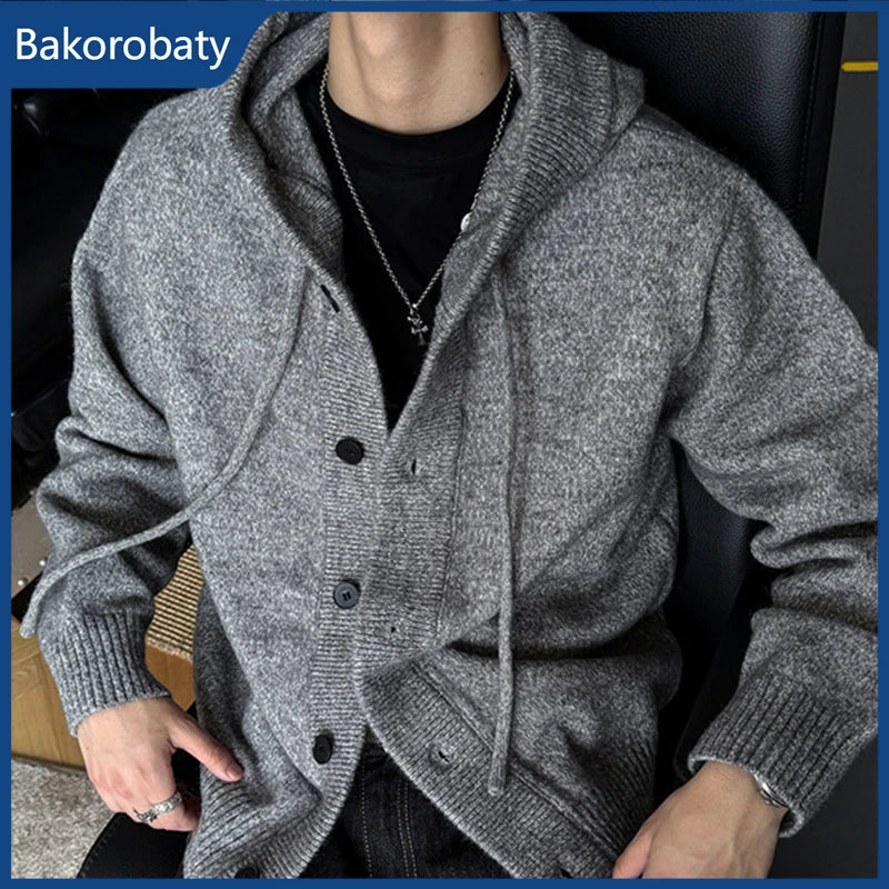 New Casual Luxury Hooded Knitted Cardigan For Man Korean Fashion Loose Button-up Sweater Y2K Vintage Streetwear Knitwear Coat