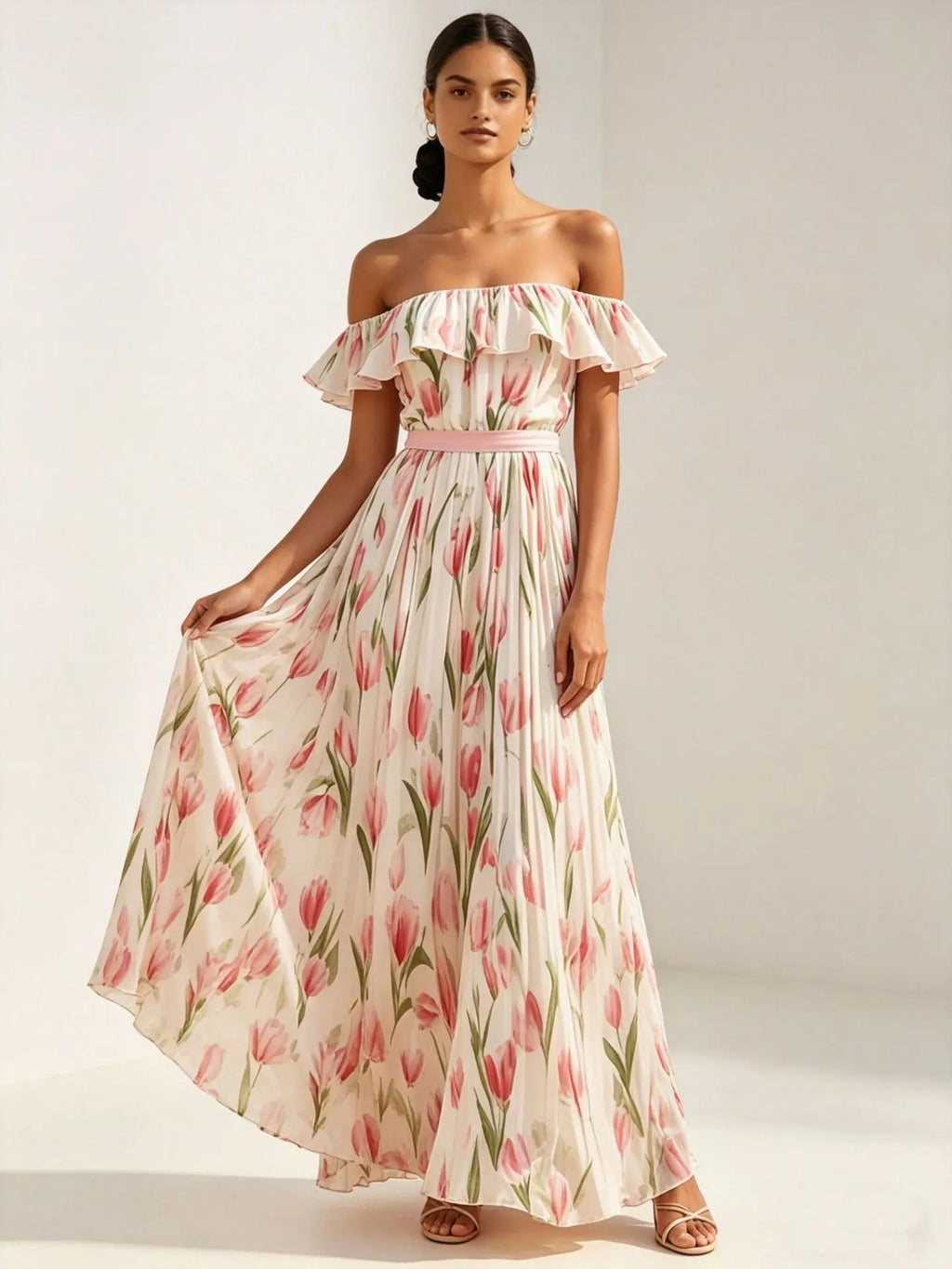 2026 summer off-the-shoulder tulip print plus size slimming square neck maxi dress