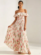 2026 summer off-the-shoulder tulip print plus size slimming square neck maxi dress