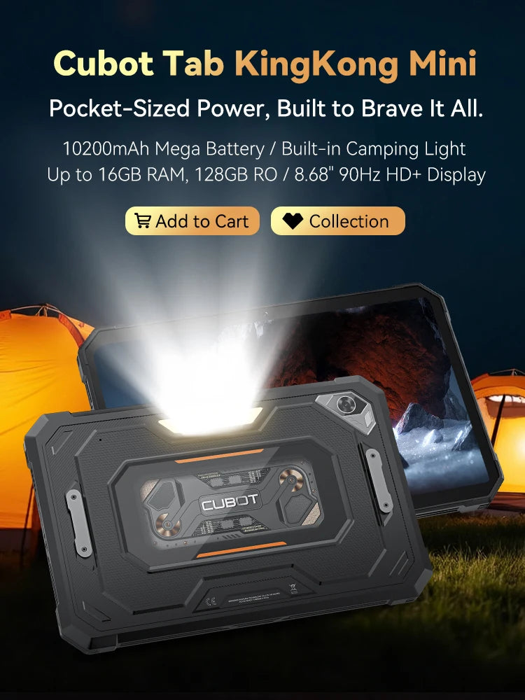 Android Tablet Cubot TAB KingKong Mini, 10200mAh Mega Battery 16GB(6+10),128GB, Camping Light, 8.68-inch Screen, 48MP Camera,GPS