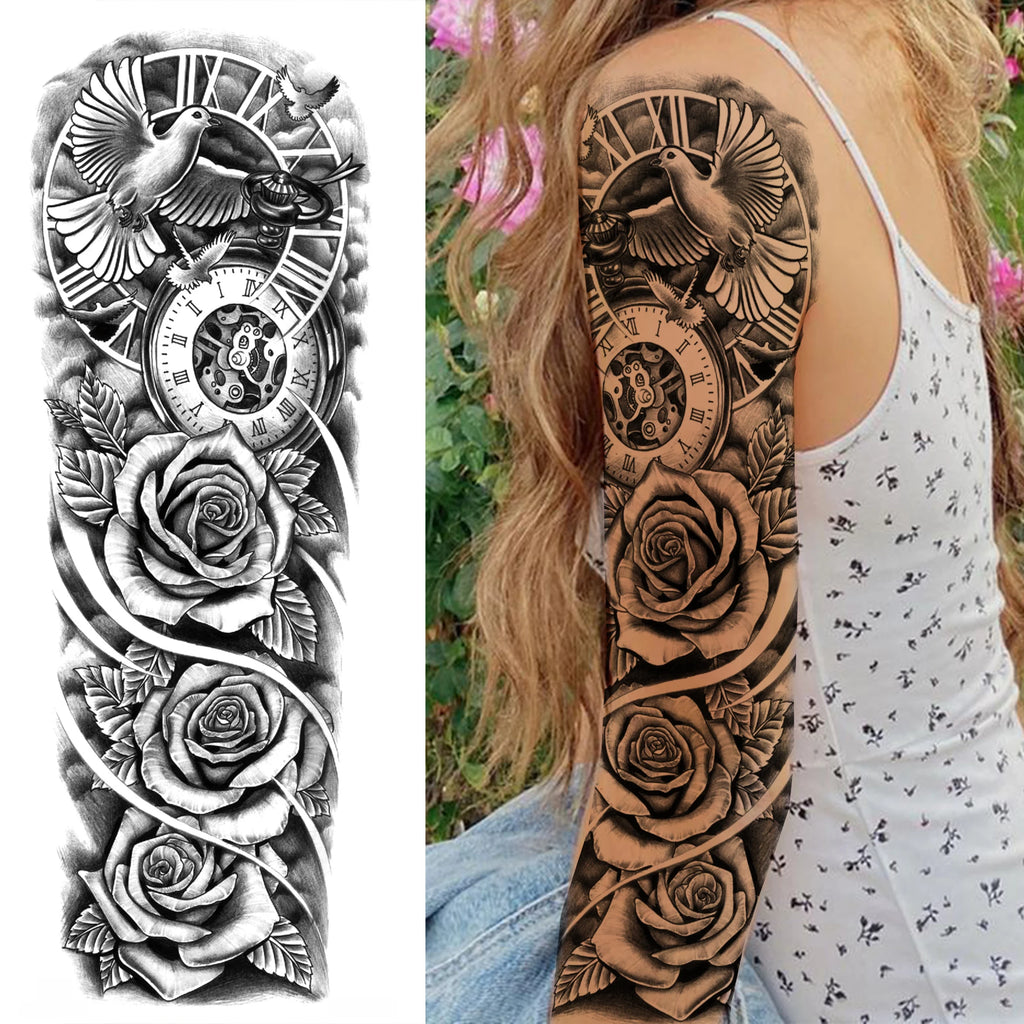 1 Sheet Full Arm Compass Zeus Skull Tiger Lion Flower Temporary Tattoos Sleeve For Men Women Adults Fake Temp Sticker Tattoo