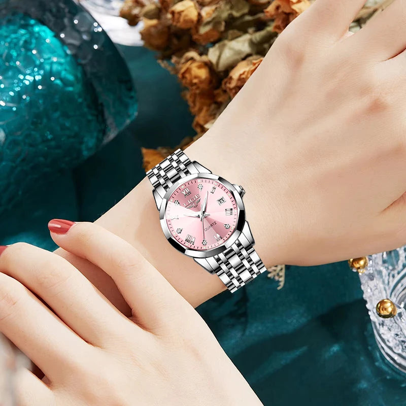 LIGE Elegant Ultrathin Nordic Simple Style Quartz Movement Women's Wristwatch Fashion Stainless Steel Bracelet Belt Woman Watch
