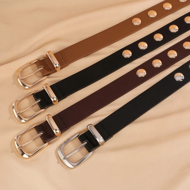 Women Fashion Leather Belt Studded Punk Black Belts for Jeans Dress Ladies Belt with Gold Buckle Adjustable Waist Belt