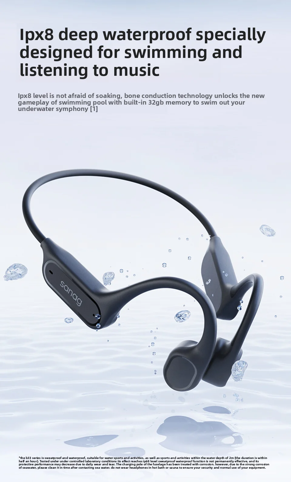Sanag B33S Bone Conduction Bluetooth Earphones Open Ear IPX8 Swimming Headphones Choice 32GB Memory Wireless Headset MP3 Earbuds