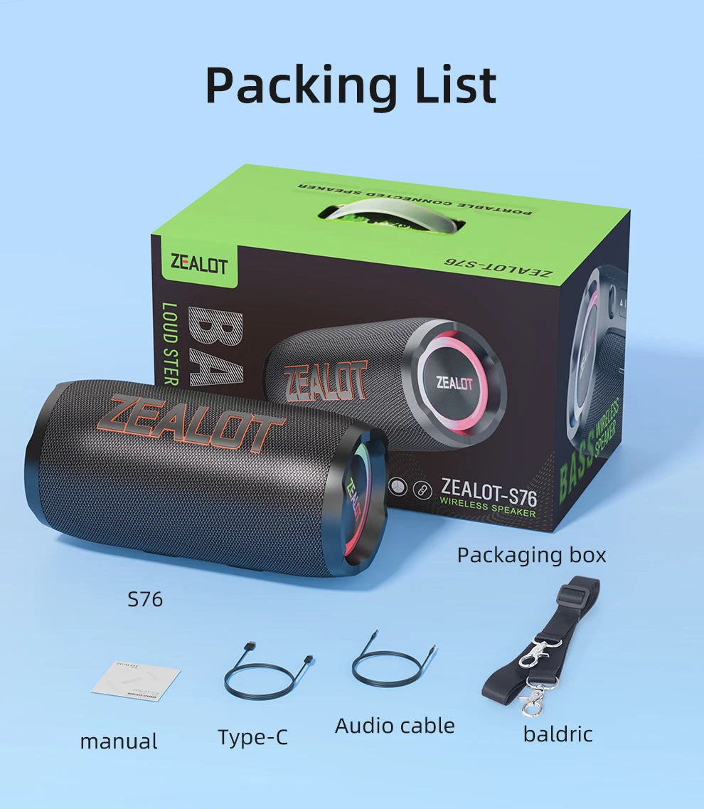 ZEALOT-S76 50W Portable Super Subwoofer Portable Speaker Home Outdoor Waterproof Column Bluetooth Speaker Sound Box